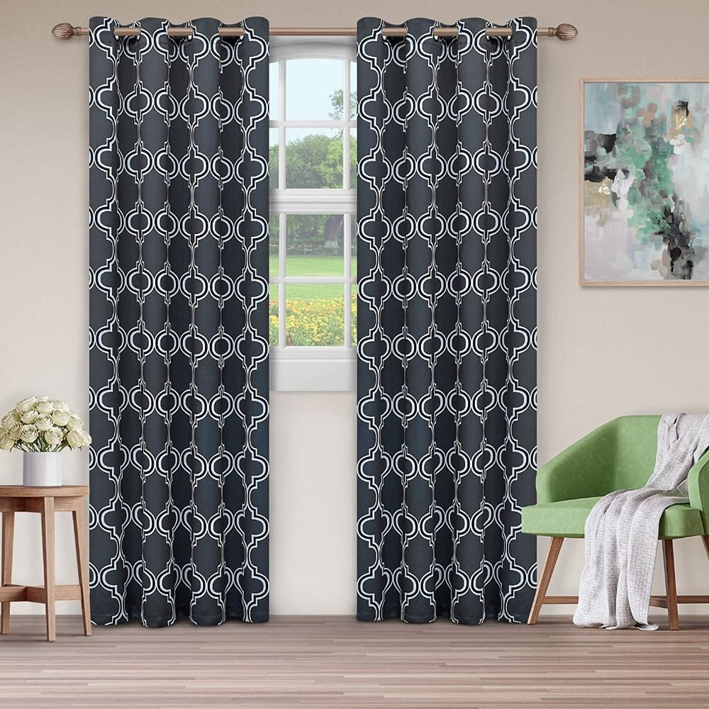 SUPERIOR Bohemian Trellis Grey Navy Blue White Curtain Panels 42 x 108 NEW NIP
